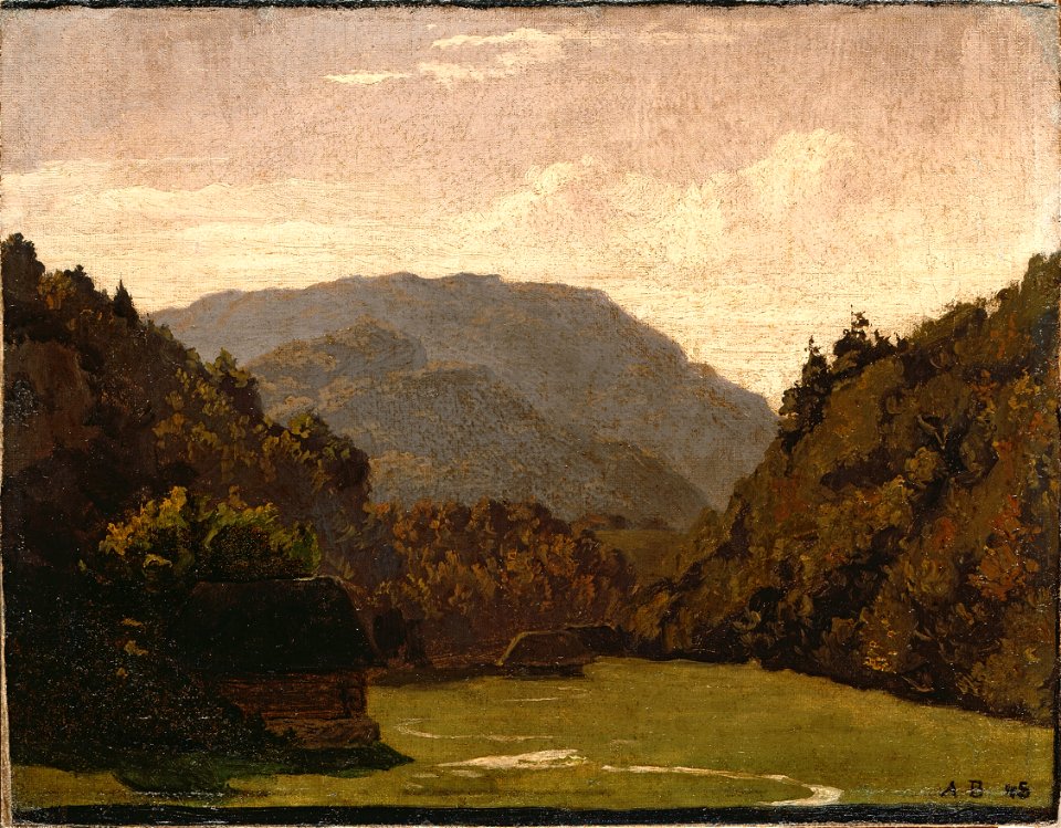 Arnold Böcklin - Hügelige Landschaft mit Blockhütten (1845)