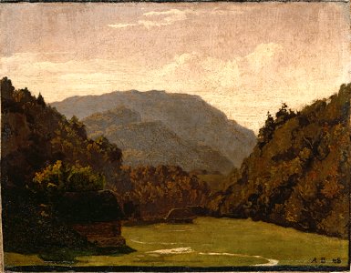 Arnold Böcklin - Hügelige Landschaft mit Blockhütten (1845)
