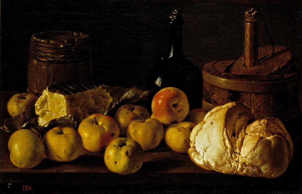 Bodegón pan, peros, queso y recipientes-meléndez