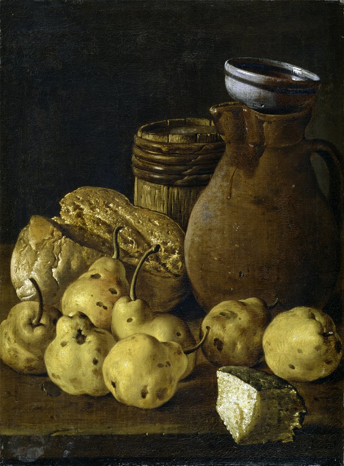 Bodegón pan, peras, queso y recipientes-meléndez