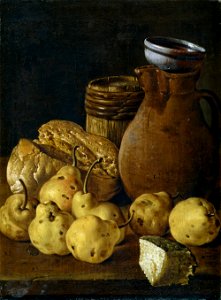 Bodegón pan, peras, queso y recipientes-meléndez