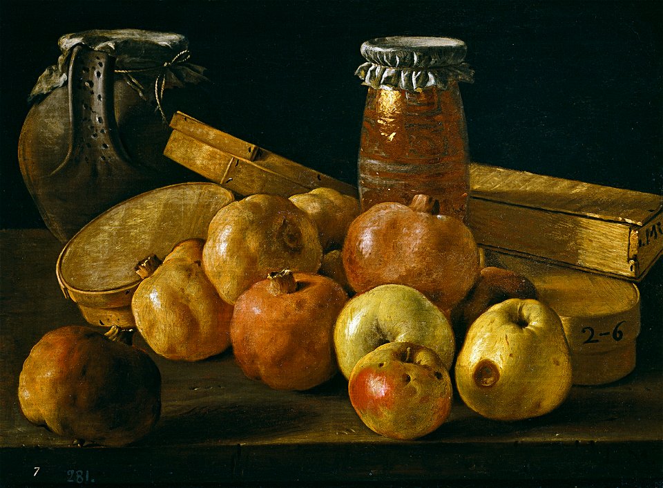 Bodegón granadas, manzanas, tarros y cajas de dulce-meléndez