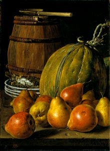 Bodegón peras, melón, platos y barril-meléndez
