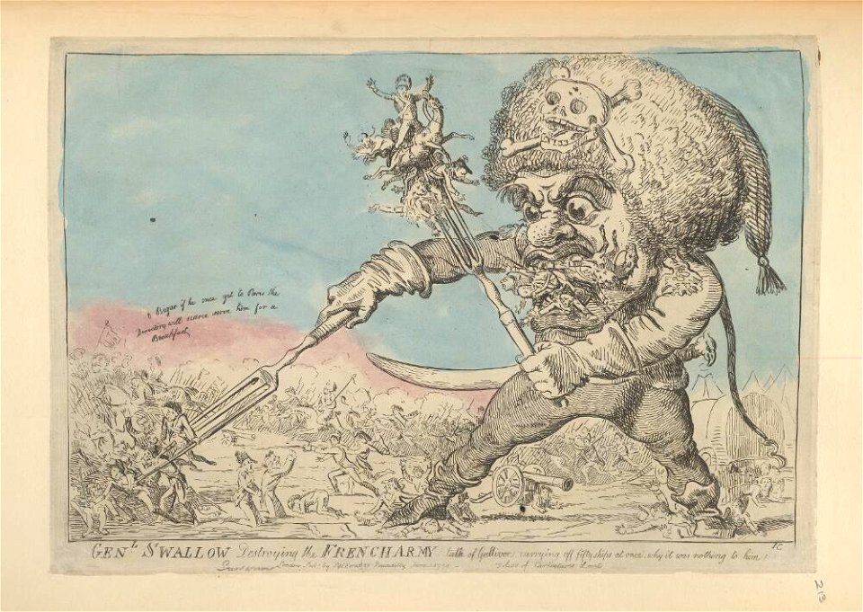 Bodleian Libraries, Gen'l Swallow destroying the French army- talk of Gullivers carrying off fifty ships at once, why it was nothing to him