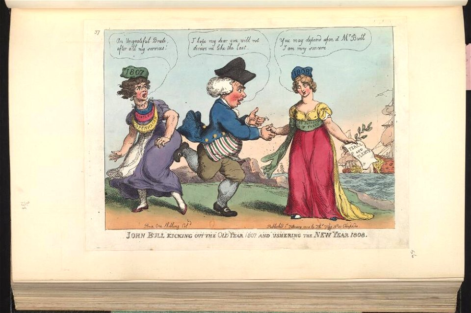 Bodleian Libraries, John Bull kicking out the old year 1807 and ushering the new year 1808