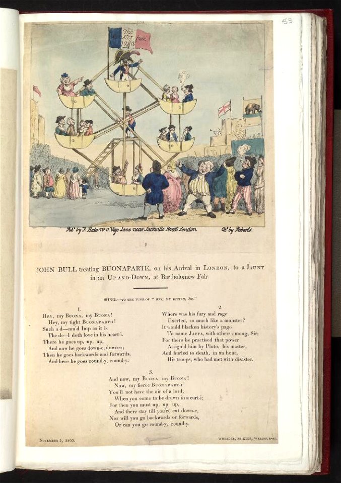 Bodleian Libraries, John Bull treating Buonaparte, on his arrival in London, to a jaunt in an upanddown, at Bartholomew Fair