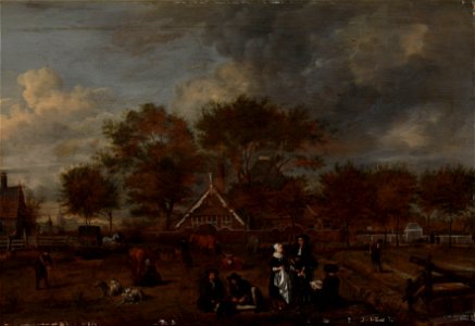 Boerenhofstede met op de voorgrond de hereboer met zijn vrouw en de schilder Rijksmuseum SK-A-784