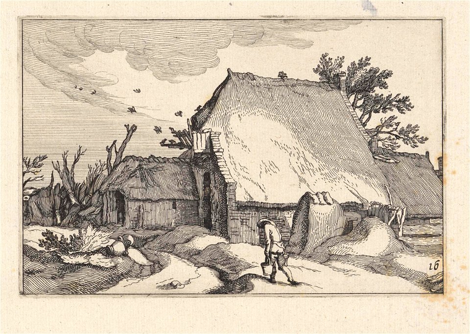 Boerderij en man met twee emmers