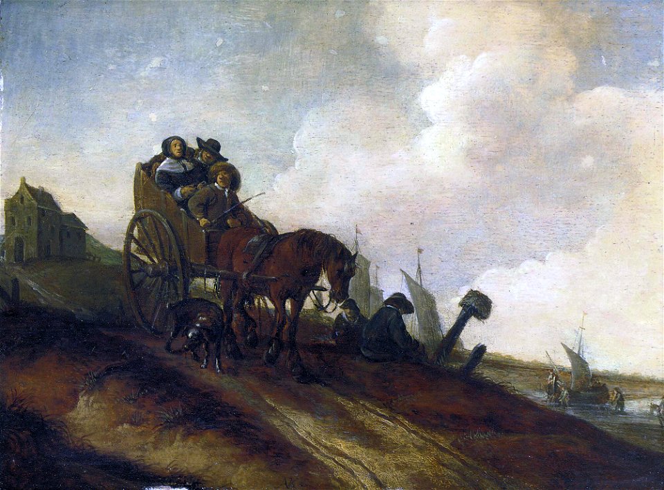 Boerenkar rijdend door een duinlandschap, door Adriaen van der Kabel