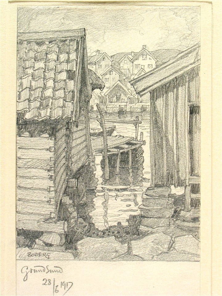 Bohuslän, Grundsund. Bodar. Teckning av Ferdinand Boberg - Nordiska museet - NMA.0087981