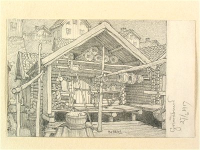Bohuslän, Grundsund. Fiskebodar. Teckning av Ferdinand Boberg - Nordiska museet - NMA.0087986