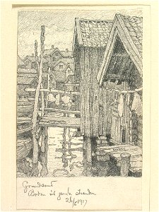 Bohuslän, Grundsund. Bodar vid gamla stranden. Teckning av Ferdinand Boberg - Nordiska museet - NMA.0087984