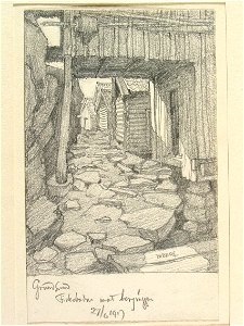 Bohuslän, Grundsund. Fiskebodar mot bergväggen. Teckning av Ferdinand Boberg - Nordiska museet - NMA.0087982