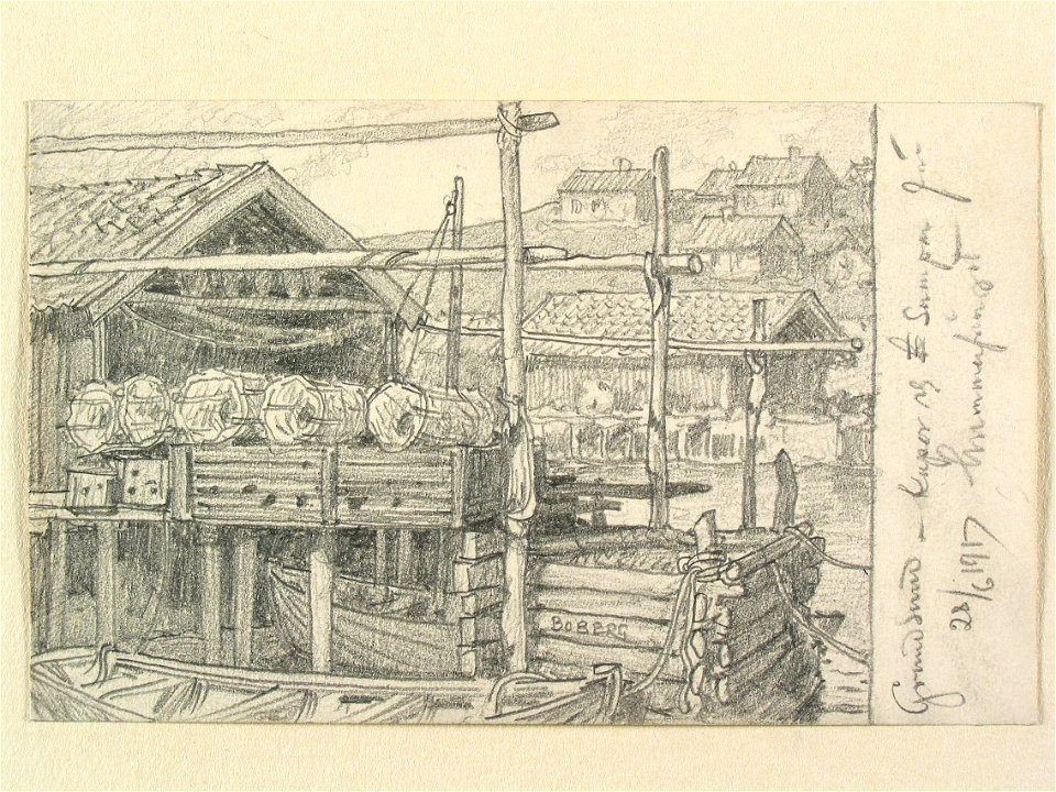 Bohuslän, Grundsund. Strandbodar med bryggor, sumpar och tinor för hummerfångst - Nordiska museet - NMA.0087985