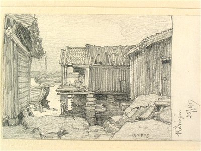 Bohuslän, Käringön. Strandbodar. Teckning av Ferdinand Boberg - Nordiska museet - NMA.0087979
