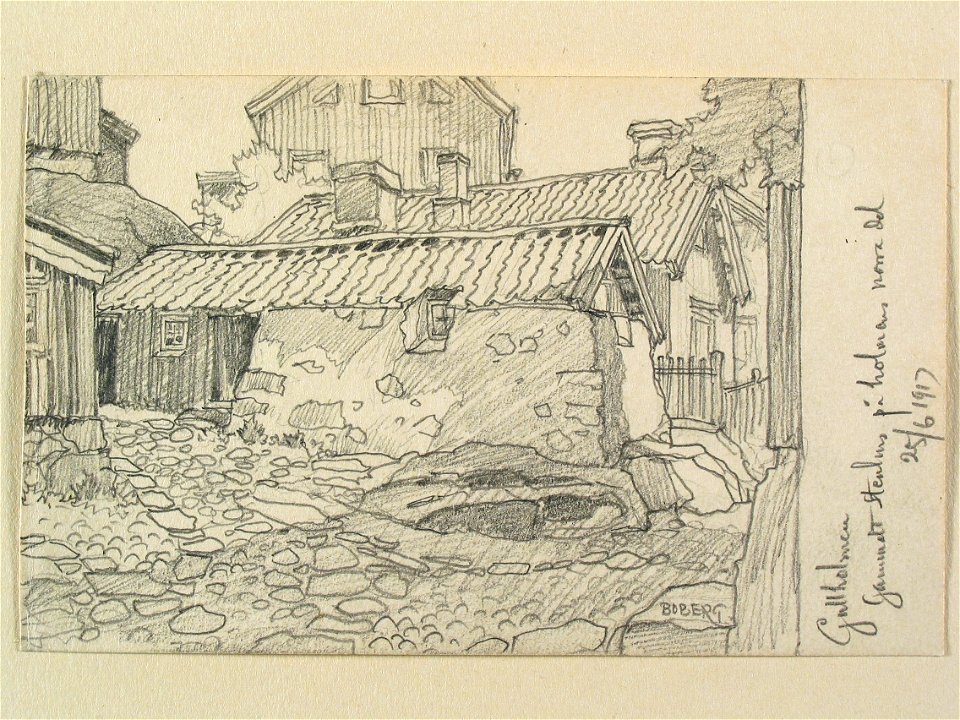 Bohuslän, Gullholmen. Gammalt stenhus på holmens norra del. Teckning av Ferdinand Boberg - Nordiska museet - NMA.0087994