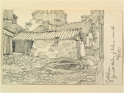 Bohuslän, Gullholmen. Gammalt stenhus på holmens norra del. Teckning av Ferdinand Boberg - Nordiska museet - NMA.0087994