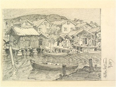 Bohuslän, Hällevikstrand. Hus, bodar och båtar vid bryggorna. Teckning av Ferdinand Boberg - Nordiska museet - NMA.0087995