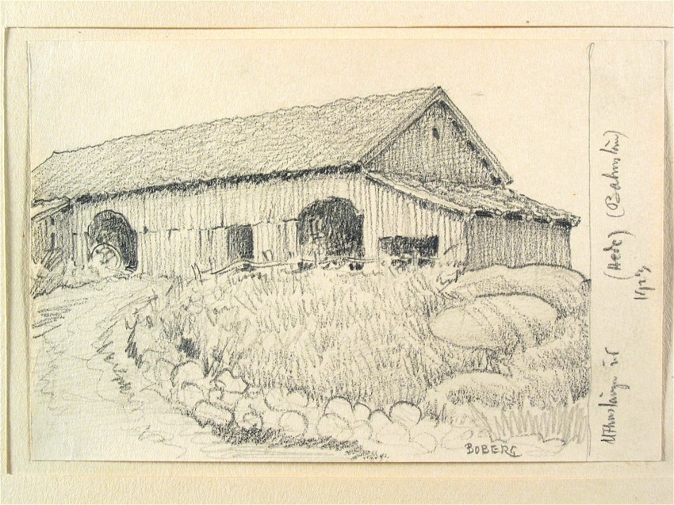 Bohuslän, Sörbygdens hd., Hede sn. Uthuslänga. Teckning av Ferdinand Boberg - Nordiska museet - NMA.0087970
