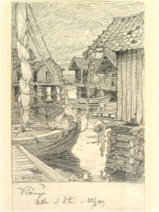 Bohuslän, Käringön. Bodar och båtar. Teckning av Ferdinand Boberg - Nordiska museet - NMA.0087997