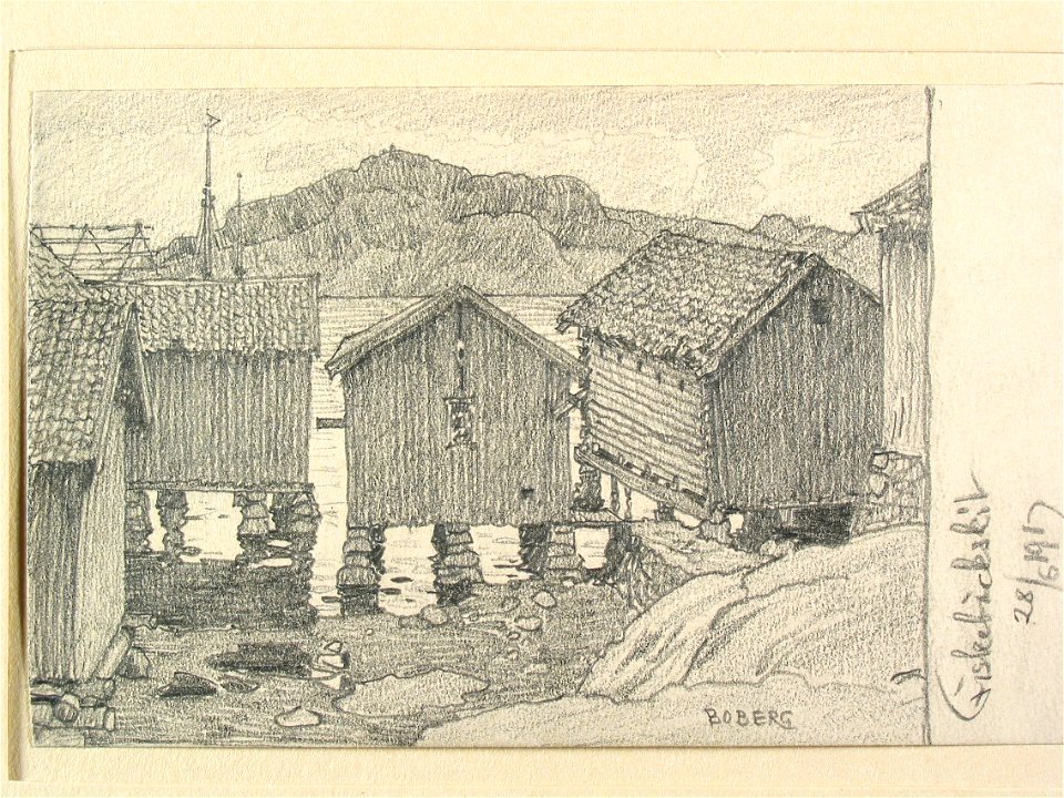 Bohuslän, Fiskebäckskil. Strandbodar. Teckning av Ferdinand Boberg - Nordiska museet - NMA.0087977