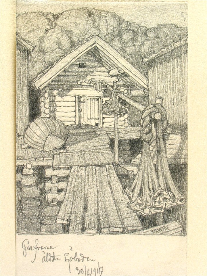 Bohuslän, Gravarne. Äldsta sjöboden . Teckning av Ferdinand Boberg - Nordiska museet - NMA.0088008