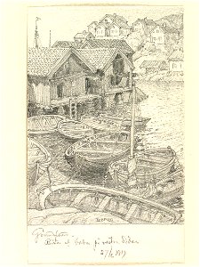 Bohuslän, Grundsund. Båtar och bodar på västra sidan. Teckning av Ferdinand Boberg - Nordiska museet - NMA.0087980