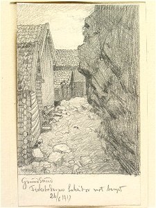 Bohuslän, Grundsund. Fiskebodarnas baksidor mot berget. Teckning av Ferdinand Boberg - Nordiska museet - NMA.0087983
