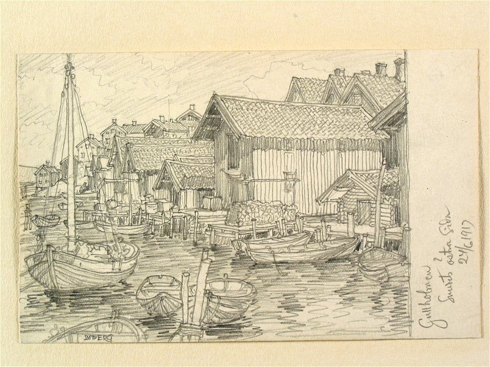 Bohuslän, Gullholmen. Fiskebodar, bryggor, båtar. Teckning av Ferdinand Boberg - Nordiska museet - NMA.0087990