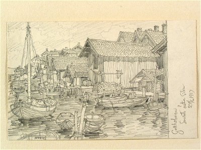 Bohuslän, Gullholmen. Fiskebodar, bryggor, båtar. Teckning av Ferdinand Boberg - Nordiska museet - NMA.0087990