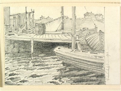 Bohuslän, Fiskebäckskil. Båtar vid brygga. Teckning av Ferdinand Boberg - Nordiska museet - NMA.0087978