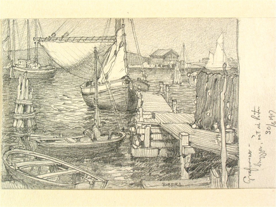 Bohuslän, Gravarne. Brygga, upphängda fiskenät och båtar. Teckning av Ferdinand Boberg - Nordiska museet - NMA.0088007