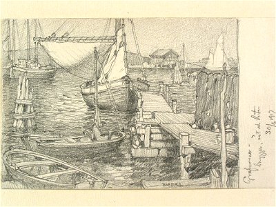 Bohuslän, Gravarne. Brygga, upphängda fiskenät och båtar. Teckning av Ferdinand Boberg - Nordiska museet - NMA.0088007