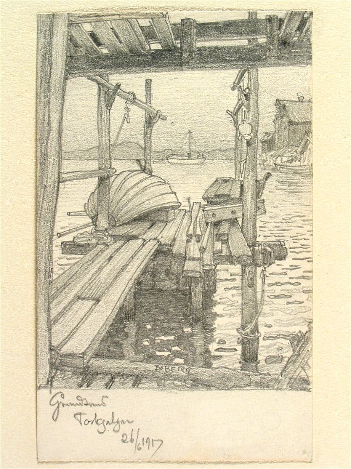 Bohuslän, Grundsund. Brygga med torkgalgar. Teckning av Ferdinand Boberg - Nordiska museet - NMA.0087988