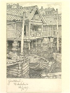 Bohuslän, Grundsund. Fiskebodar. Teckning av Ferdinand Boberg - Nordiska museet - NMA.0087987