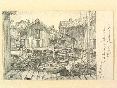 Bohuslän, Gullholmen. Fiskebodar på östra sidan. Teckning av Ferdinand Boberg - Nordiska museet - NMA.0087991