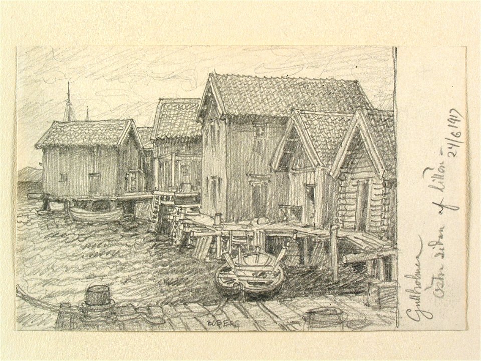 Bohuslän, Gullholmen. Östra sidan af lillön . Fiskebodar, roddbåtar. Teckning av Ferdinand Boberg - Nordiska museet - NMA.0087989