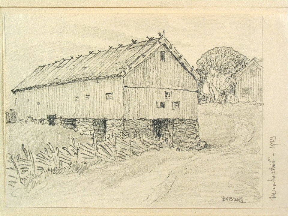 Bohuslän, Krokstad. Ladugård. Teckning av Ferdinand Boberg - Nordiska museet - NMA.0087973