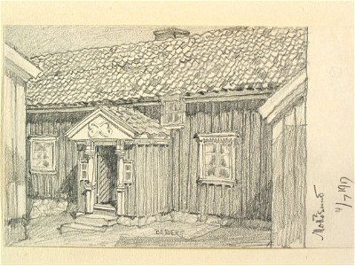 Bohuslän, Mollösund. Husfasad med förstuga. Teckning av Ferdinand Boberg - Nordiska museet - NMA.0087999