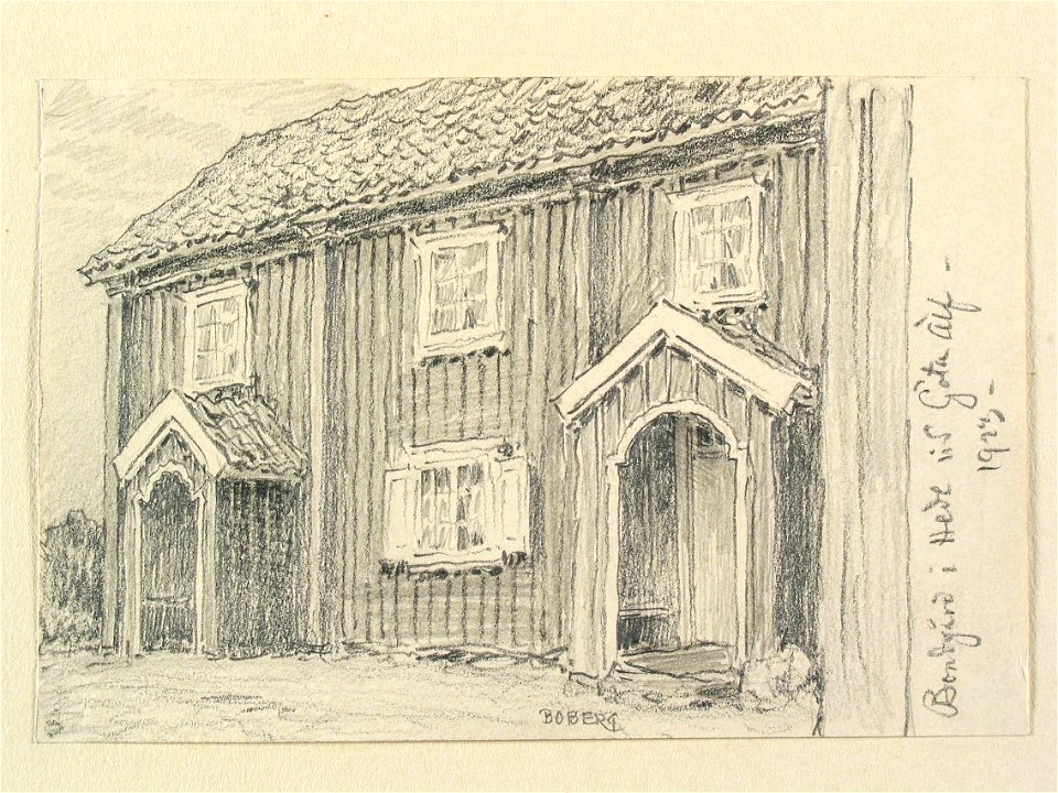 Bohuslän. Bondgård i Hede vid Göta Älf. Teckning av Ferdinand Boberg - Nordiska museet - NMA.0088002