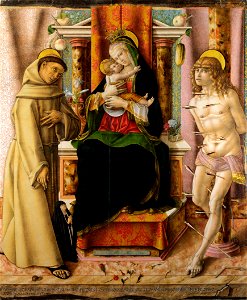 Carlo Crivelli - The Virgin and Child with Saints Francis and Sebastian. Free illustration for personal and commercial use.