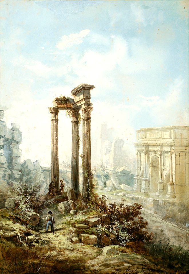 Carlo Fontana - Vista de ruínas de Roma com o Arco de Constantino