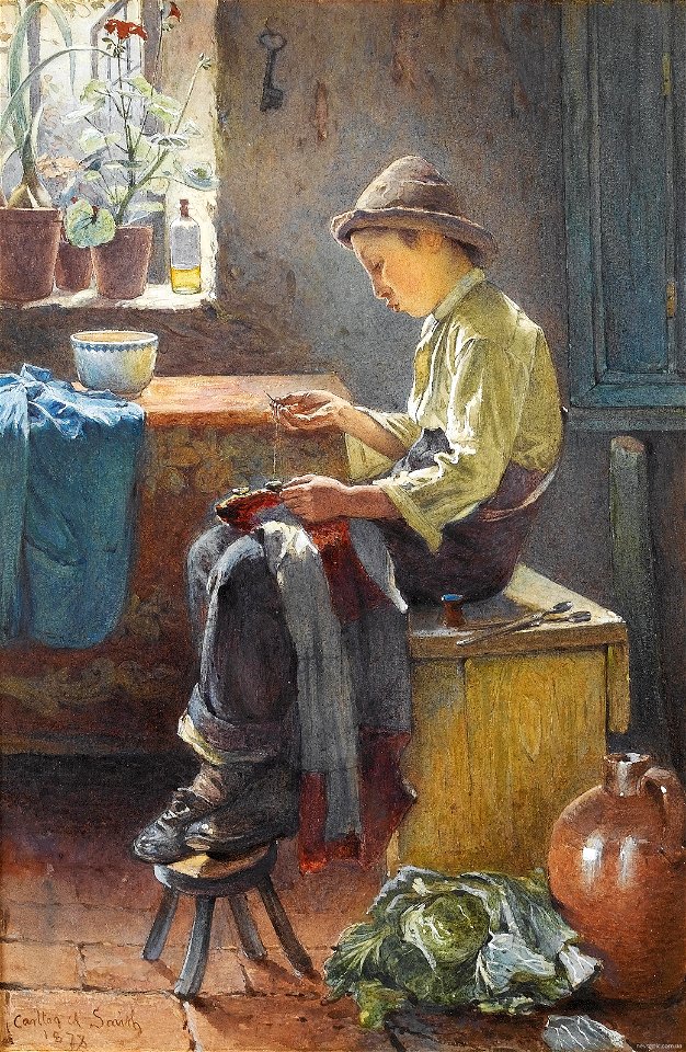 Carlton Alfred Smith, 1878 - A young boy mending a shirt