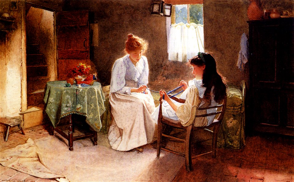 Carlton Alfred Smith - Two girls in an interior winding a skein of wool