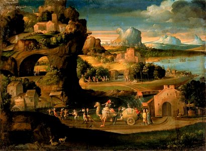 Carpi, Girolamo da - Landscape with Magicians - c. 1525 — Gettyimages edited. Free illustration for personal and commercial use.