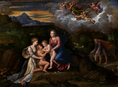 Carpi, Virgin and Child in a Landscape with the Child Baptist and Saint Catherine of Alexandria. Free illustration for personal and commercial use.