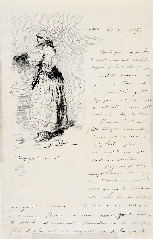Carta con dibujo de compagnola romana - Rafael Romero de Torres