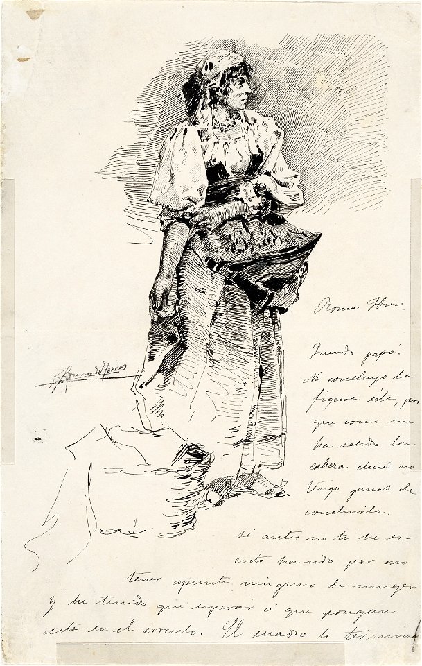 Carta con dibujo de campesina italiana - Rafael Romero de Torres