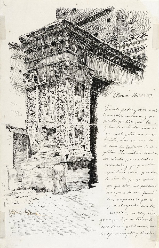 Carta con dibujo de Arco de los Plateros en Roma - Rafael Romero de Torres