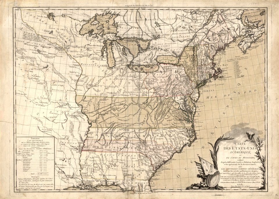 Carte des Etats-Unis d'Amérique, et du cours du Mississippi; rédigée d'après différentes cartes et relations anglaises et les opérations de la derniere guerre; avec les nouvelles limites générales LOC gm71002354